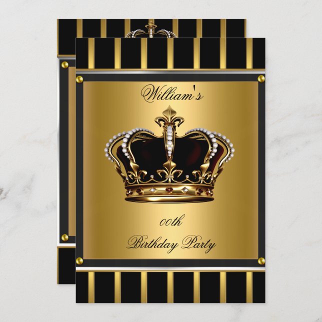 Men's Elegant Gold Black Stripe Birthday Crown 2 Invitation (Front/Back)