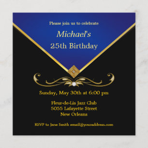 Men's Elegant Gold Blue Birthday Party Invitations