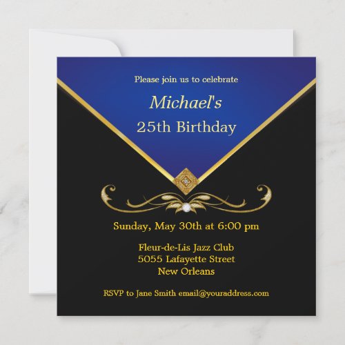 Men's Elegant Gold Blue Birthday Party Invitations