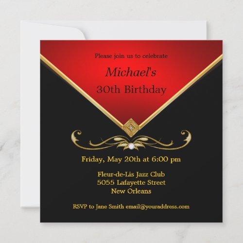 Men's Elegant Gold Red Birthday Party Invitations