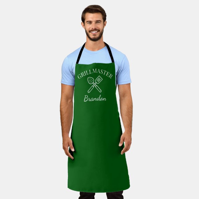 Men's Elegant Green Chef Name Modern Grillmaster Apron (Worn)
