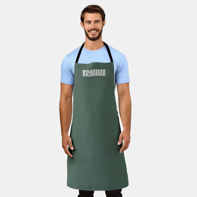 Men's Elegant Green White Name Modern Simple Apron (Worn)