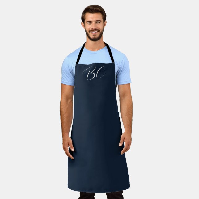 Men's Elegant Navy Blue Monogram Modern Simple Apron (Worn)