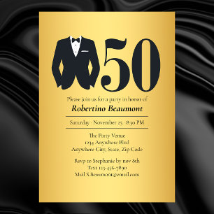 Men's Elegant Tuxedo Gold Black 50th Birthday Invitation