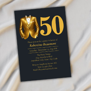 Men's Elegant Tuxedo Gold Black 50th Birthday Invitation