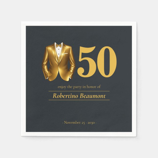 Men's Elegant Tuxedo Gold Black 50th Birthday Napkins (Front)