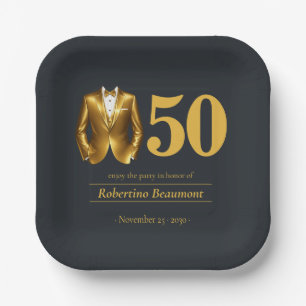 Men's Elegant Tuxedo Gold Black 50th Birthday Paper Plates