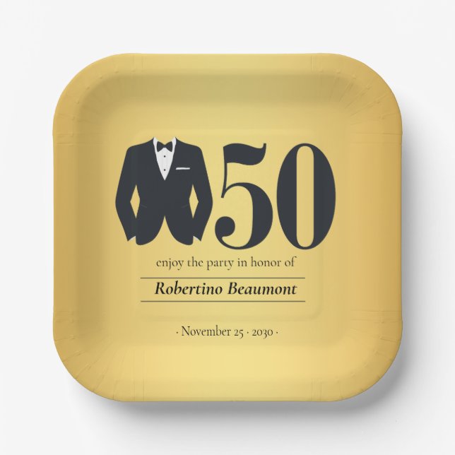 Men's Elegant Tuxedo Gold Black 50th Birthday Paper Plates (Front)