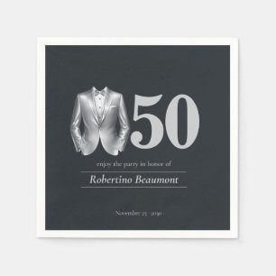 Men's Elegant Tuxedo Silver Black 50th Birthday Napkins