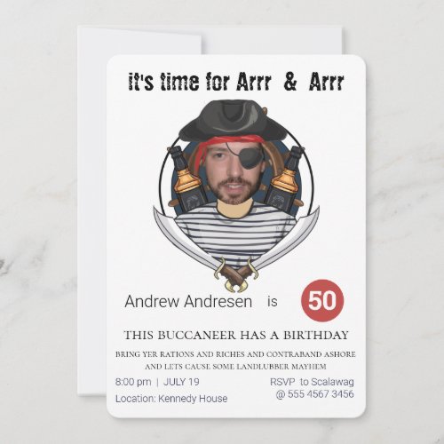 Mens Fab Pirate Birthday Funny Add your Face Great Invitation