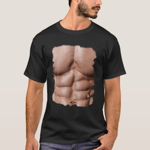 Mens Fake Muscle Under Chest Six Pack Abs Print T_Shirt