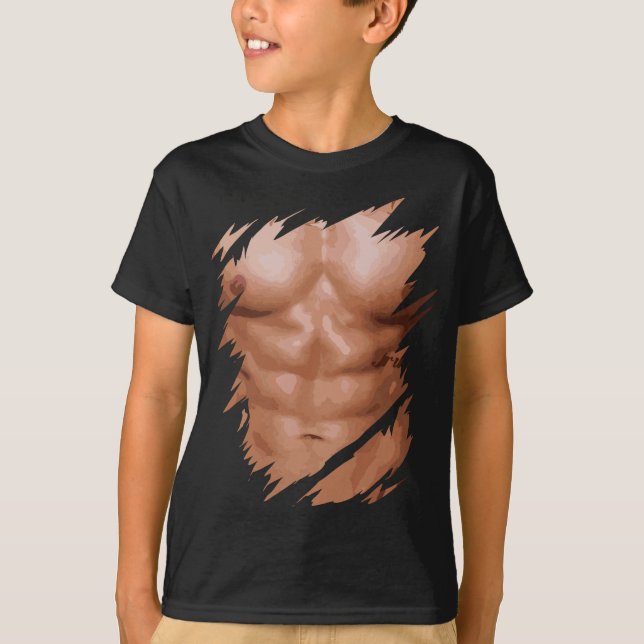 Mens Fake Muscles Ripped Torn Chest Six Pack Abs T-Shirt (Front)