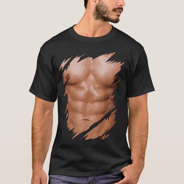 Mens Fake Muscles Ripped Torn Chest Six Pack Abs T-Shirt (Front)
