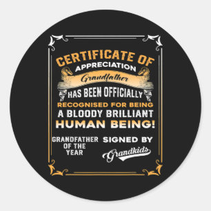 Mens Fathers Day Gift For Papa Certificate Classic Round Sticker