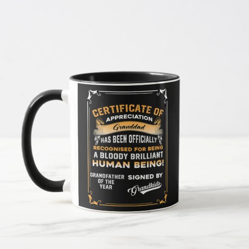 Mens Fathers Day Gift For Papa Certificate Mug