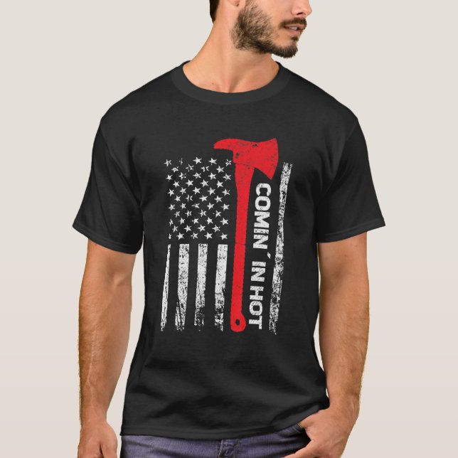 Mens Firefighter Comin´ in hot red line us flag Fi T-Shirt (Front)