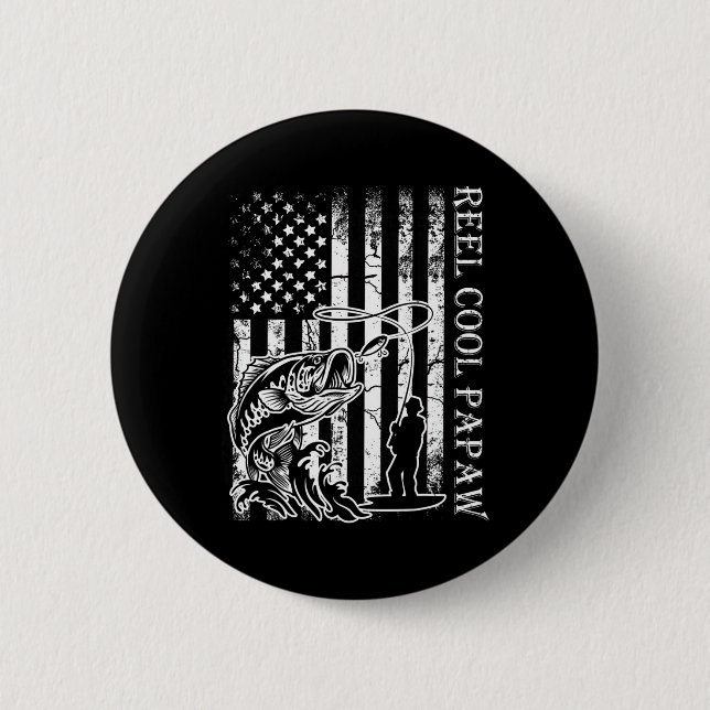 Mens Fishing Reel Cool Papaw American Flag Fathers Button (Front)