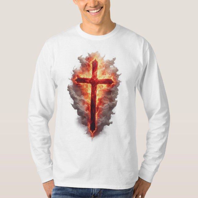 Men's Flaming Christian Cross Long Sleeve Tee (Front)