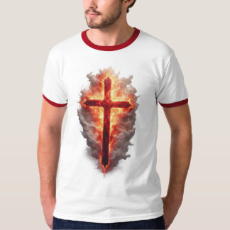 Men's Flaming Christian Cross Ringer Tee 
