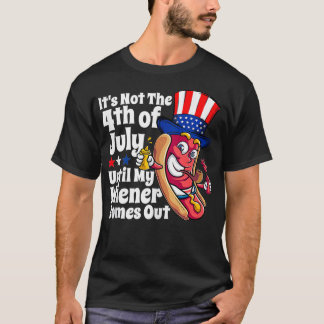 Mens Funny 4th of July Hot Dog Wiener Comes Out Ad T-Shirt