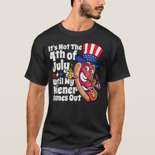 Mens Funny 4th of July Hot Dog Wiener Comes Out T_Shirt