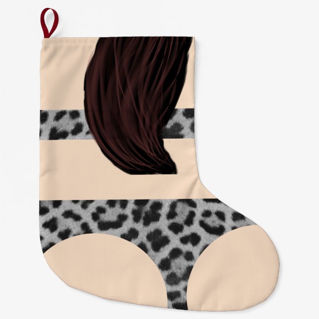 Mens Funny Leopard Cat Print Bikini Girl Large Christmas Stocking (Front)