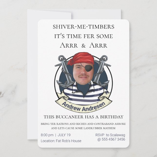 Mens Funny Pirate Birthday Add your Face Fun Fab Invitation (Front)