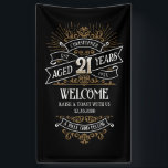 Mens Funny Whiskey 21st Birthday Banner<br><div class="desc">Celebrate the big 2-1 with style and humor with this vintage whiskey label-inspired birthday design. The black, gold, and white typography is ornate and elegant, giving it a classic retro vintage feel. Perfect for man (or woman!) in your life who loves their scotch, spirits, bourbon, and other liquor drinks. Features...</div>