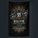 Mens Funny Whiskey 21st Birthday Banner<br><div class="desc">Celebrate the big 2-1 with style and humor with this vintage whiskey label-inspired birthday design. The black, gold, and white typography is ornate and elegant, giving it a classic retro vintage feel. Perfect for man (or woman!) in your life who loves their scotch, spirits, bourbon, and other liquor drinks. Features...</div>