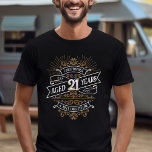 Mens Funny Whiskey 21st Birthday T-Shirt<br><div class="desc">Celebrate the big 2-1 with style and humor with this vintage whiskey label-inspired birthday design. The black, gold, and white typography is ornate and elegant, giving it a classic retro vintage feel. Perfect for man (or woman!) in your life who loves their scotch, spirits, bourbon, and other liquor drinks. Features...</div>