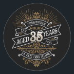 Mens Funny Whiskey 35th Birthday Classic Round Sticker<br><div class="desc">Celebrate the big 3-0 with style and humor with this vintage whiskey label-inspired birthday design. The black, gold, and white typography is ornate and elegant, giving it a classic retro vintage feel. Perfect for man (or woman!) in your life who loves their scotch, spirits, bourbon, and other liquor drinks. Features...</div>