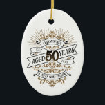 Mens Funny Whiskey 50th Birthday Ceramic Ornament<br><div class="desc">Celebrate the big 5-0 with style and humor with this vintage whiskey label-inspired birthday design. The black, gold, and white typography is ornate and elegant, giving it a classic retro vintage feel. Perfect for man (or woman!) in your life who loves their scotch, spirits, bourbon, and other liquor drinks. Features...</div>