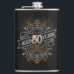 Mens Funny Whiskey 50th Birthday Flask<br><div class="desc">Celebrate the big 5-0 with style and humor with this vintage whiskey label-inspired birthday design. The black, gold, and white typography is ornate and elegant, giving it a classic retro vintage feel. Perfect for man (or woman!) in your life who loves their scotch, spirits, bourbon, and other liquor drinks. Features...</div>