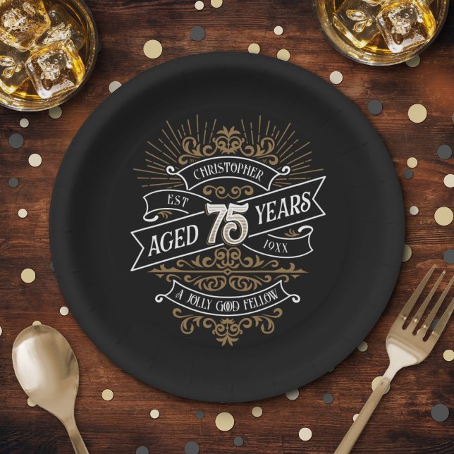 Mens Funny Whiskey 75th Birthday Paper Plates (Creator Uploaded)