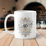 Mens Funny Whiskey 90th Birthday Coffee Mug<br><div class="desc">Celebrate the big 9-0 with style and humor with this vintage whiskey label-inspired birthday design. The black, gold, and white typography is ornate and elegant, giving it a classic retro vintage feel. Perfect for man (or woman!) in your life who loves their scotch, spirits, bourbon, and other liquor drinks. Features...</div>