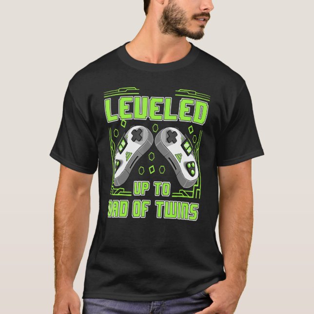 Mens Gaming Leveled Up To Dad Of Twins Video Gamer T-Shirt (Front)