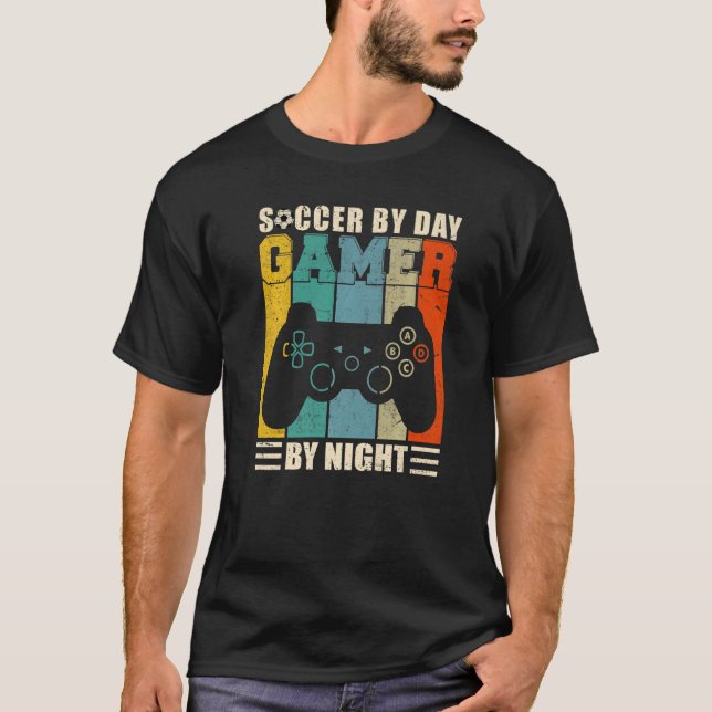 Mens  Gaming Sarcasm Retro Soccer By Day Gamer By  T-Shirt (Front)