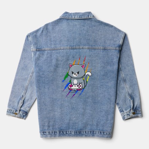 Mens Gay Cat Gamer Cat Pride Lgbt Video Game  Denim Jacket