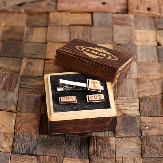 Men's Gift Set: Wooden Cufflinks and Tie Bar (Inside)