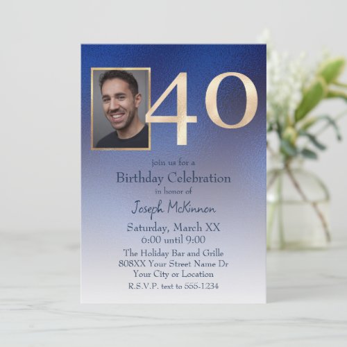 Mens Gold and Blue Gradient 40th Birthday Invitation