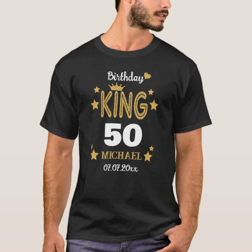 Mens Gold Glitter 50th Birthday King Custom Black  T_Shirt
