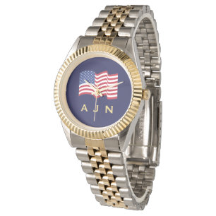 Mens Gold Monogrammed American Flag Watch