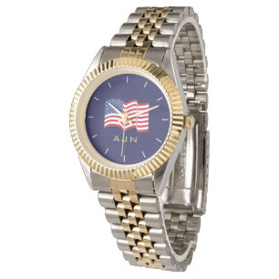 Mens Gold Monogrammed American Flag Watch