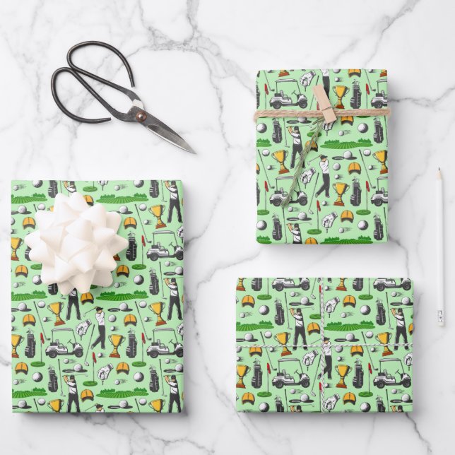 Men's Golfing Golf Sports Symbols Green Wrapping Paper Sheets (Front)