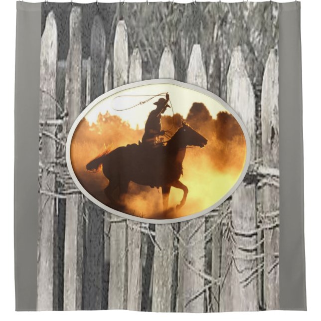 Mens gray cowboy fenced  showercurtain shower curtain (Front)