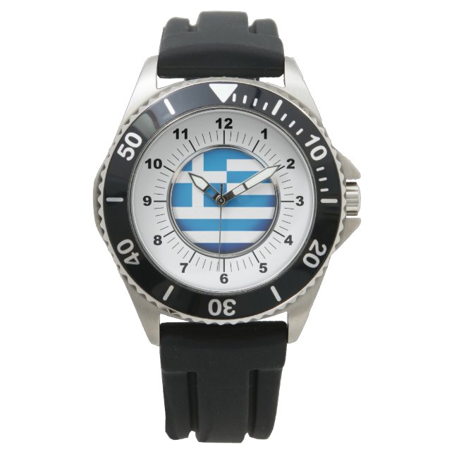 Men's Greece Flag Black Rubber Strap Watch  (Front)