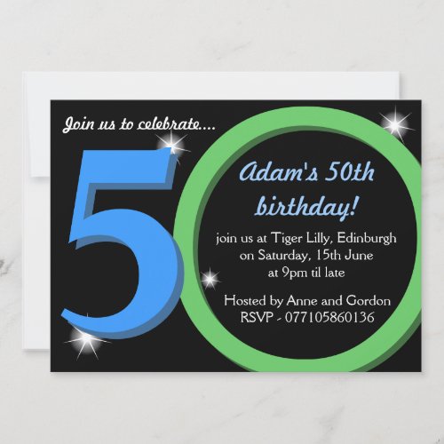 Mens Green / Blue fiftieth 50th Birthday Party Custom Invites