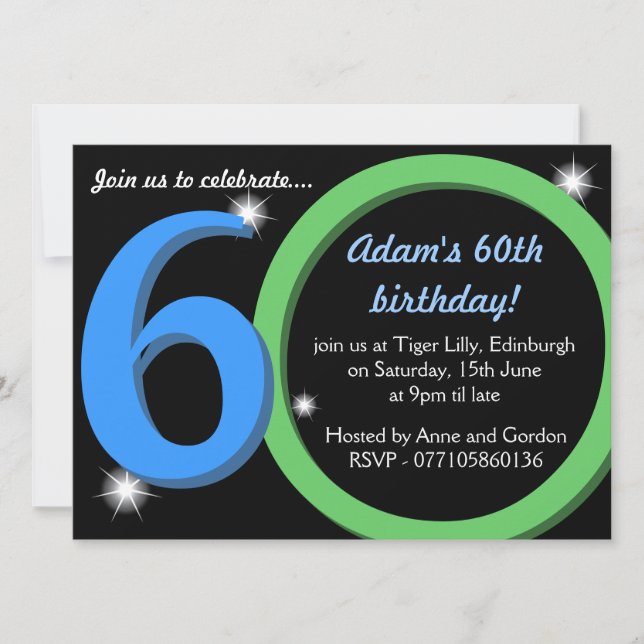 Mens Green / Blue Sixtieth 60th Birthday Party Invitation (Front)
