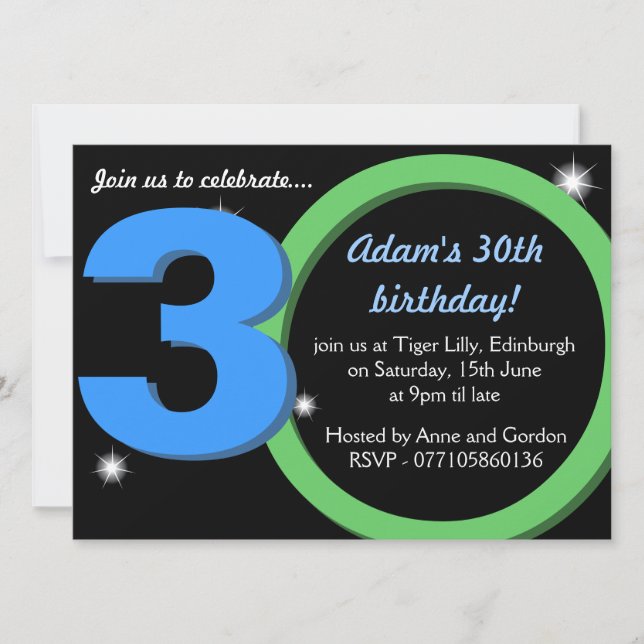 Mens Green / Blue Thirtieth 30th Birthday Party Invitation (Front)