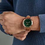 Mens Green Gold Monogrammed Brown Leather Strap Watch<br><div class="desc">Create your own custom, personalized, elegant faux gold monogrammed on dark forest green dial, stylish cool unique classy mens rose gold retro vintage classic look style brown leather strap watch. Simply type in your name / monogram / initials, to customize. Makes a great gift, for birthday, graduation, fathers day, christmas,...</div>
